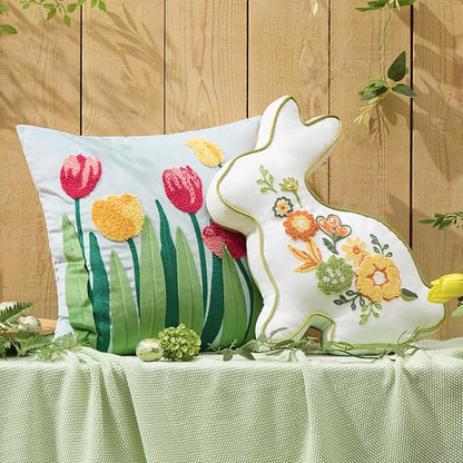 Phantoscope Happy Easter Bunny Shaped Throw Pillow, Embroidered Floral Patterns Cushion Soft Velvet Easter Rabbit Decorative Pillow for Couch Living Room Bed, White,18.5 x 13 inches