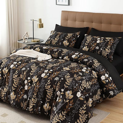 WONGS BEDDING Black and Gold Comforter Set Queen Size,7 Pieces Floral Bed in a Bag Botanical Microfiber Bedding Comforter Sets Soft Lightweight Bed Set with Sheet,Pillowcases&Shams