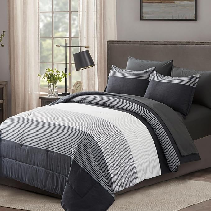 7 Pieces Bed in a Bag Black Grey Queen Size Comforter Set, Lightweight Striped Microfiber Bedding Comforter Sets for Queen Bed (1 Comforter, 2 Pillowcase, 2 Pillow Shams,1 Flat Sheet, 1 Fitted Sheet)