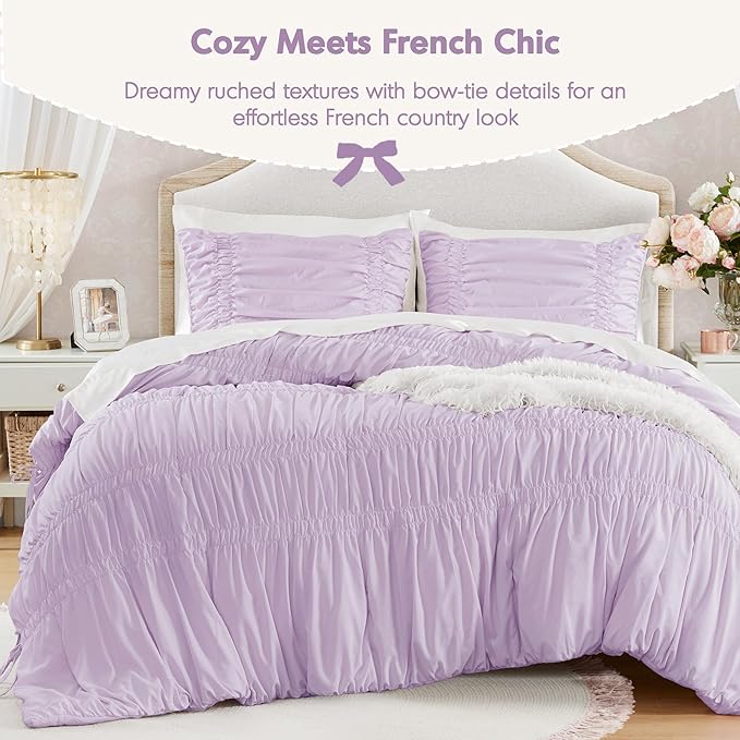 Intelligent Design King Comforter Set Ruched Shabby Chic Comforters for King Size Bed, All Season Lightweight Purple Ruffle, French Country Bedding Set, Shams, Ella, King/Cal King, Lavender 3 Piece