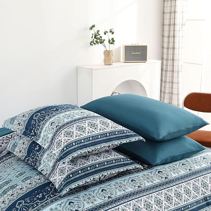 Cottolester Boho Full Size Comforter Set 8 Pieces, Teal Blue Comforter Bohemian Striped Bed in A Bag, Soft Microfiber Bedding Set for All Seasons