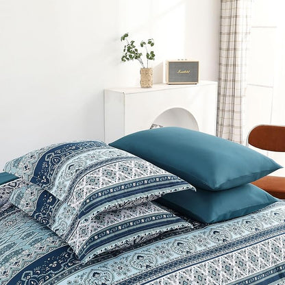 Cottolester Boho Comforter Set California King Size 8 Pieces, Teal Blue Comforter Bohemian Striped Bed in A Bag, Soft Microfiber Bedding Set for All Seasons