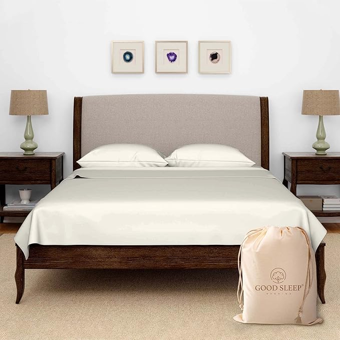 Olympic Queen Sheets Set, 100% Egyptian Cotton, Luxury 600 Thread Count, 4 Pc Super Queen Sheets Sets, Soft & Breathable, Snug Fit, 16" Deep Pocket Fitted Sheet, 2 Pillowcases & 1 Flat Sheet, Ivory
