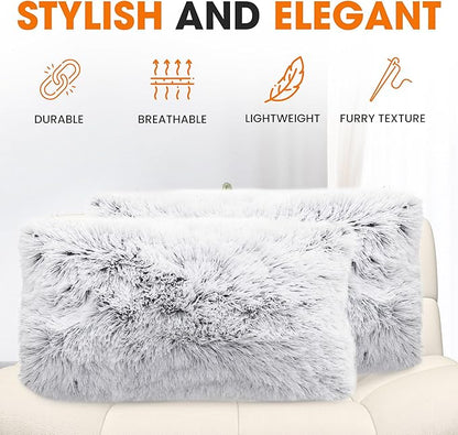 Cheer Collection Throw Pillows for Couch and Bed, Soft Shaggy Throw Pillows with Inserts Included, Cozy Long Hair Faux Fur Pillows - Set of 2-12" x 20" - Gray