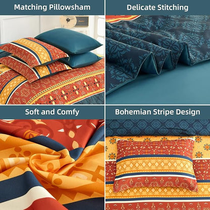 WONGS BEDDING Boho Comforter Set King Size,7 Pieces Bed in a Bag Bohemian Striped Bedding Set,Burnt Orange Paisley Floral Comfortet and Sheet Set,Soft Microfiber Bedding Sets for All Season