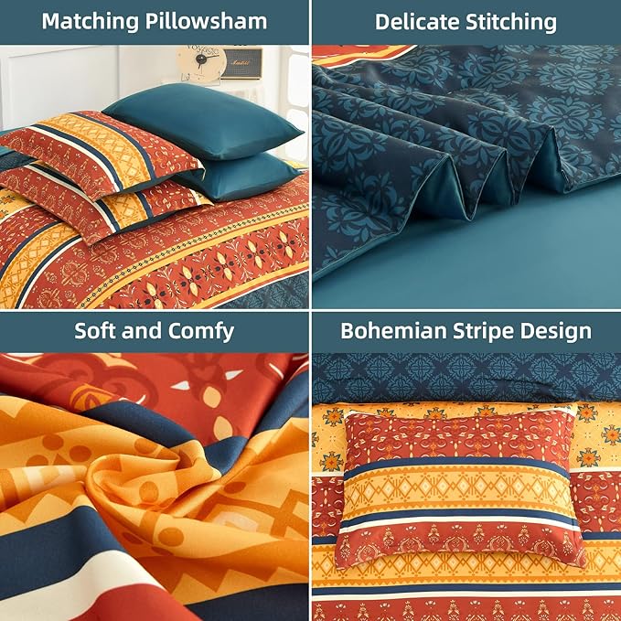 WONGS BEDDING Boho Comforter Set Queen Size,7 Pieces Bed in a Bag Bohemian Striped Bedding Set,Burnt Orange Paisley Floral Comfortet and Sheet Set,Soft Microfiber Bedding Sets for All Season