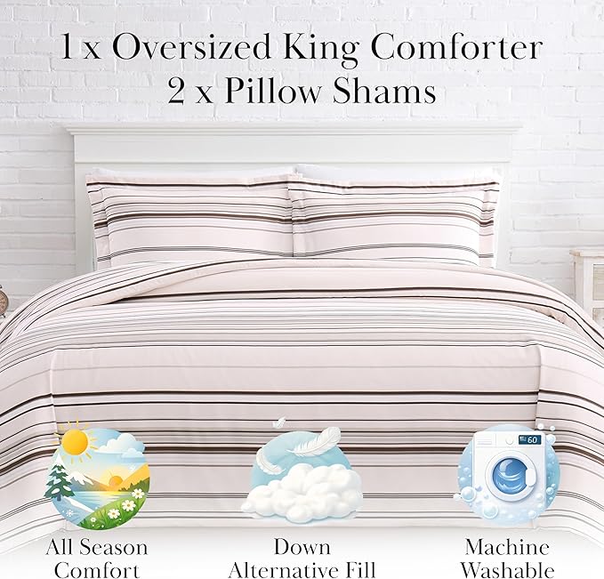 Southshore Fine Living, Inc. 3-Piece Comforters Oversized King/California Size, Down Alternative Striped Comforter with Matching Pillow Shams, Bedspread for Cal/King Bed, Coastal Stripes Taupe