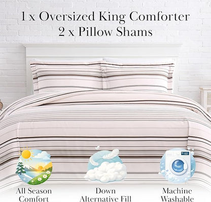 Southshore Fine Living, Inc. 3-Piece Comforters Oversized King/California Size, Down Alternative Striped Comforter with Matching Pillow Shams, Bedspread for Cal/King Bed, Coastal Stripes Taupe