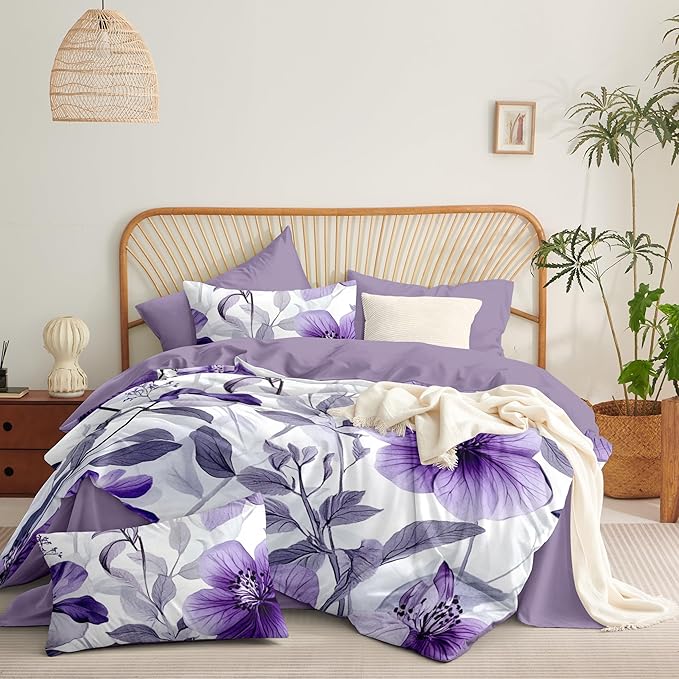 Nayoroom Purple Floral Comforter Set Full Size Lavender Blooming Flower Leaf Printed Spring Comforter 3 Pcs Soft Lightweight Cottagecore Bedding Set for All Seasons (1 Comforter, 2 Pillowcases)