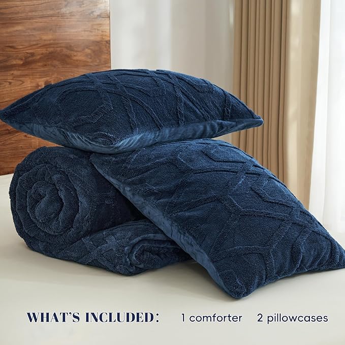PHF Warm Sherpa Fleece King Comforter Set, 3D Tufted Fluffy Navy Blue Bedding for Winter, Soft 2 Pieces Shaggy Bed Set, 1 Comforter (104"x90") and 2 Pillowcases (20"x36")