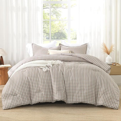 Andency Tan Gingham Comforter Set Queen(90x90Inch), Brown Checkered Grid Plaid Buffalo Bed Set for Girls Boys Kids Teens, 3 Pieces Lightweight Microfiber Geometric Preppy Bedding