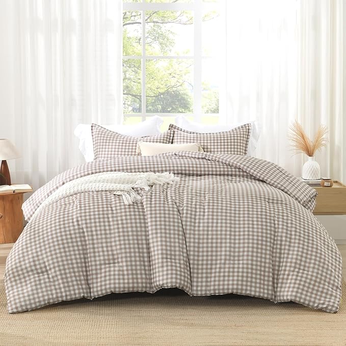 Andency Tan Checkered Comforter King(104x90Inch), Plaid Gingham Buffalo Grid Bedding Comforter Sets for Boys Kids Teens, 3 Pieces Lightweight Microfiber Geometric Preppy Bed Set
