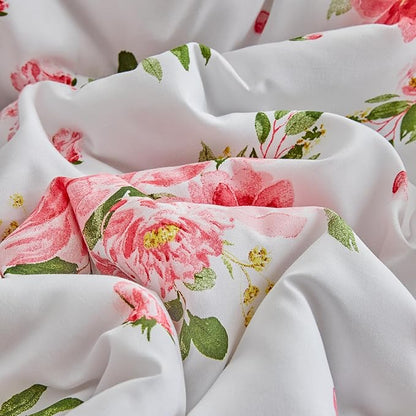 Flower Comforter Set Queen Size 90 * 90in - White Pink Floral with Green Leave Style -3 Pieces Shabby Chic Farmhouse Bedding with Ruffled Fringe Rustic Lightweight Fluffy Ruffle Comforter with Shams