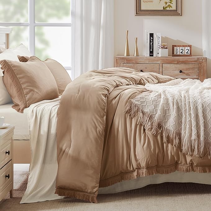 Andency Taupe Comforter Set California King, 3 Pieces Boho Tassel Lightweight Bedding Comforter Sets, Tan All Season Soft Fluffy Fringe Bed Set (104x96In Comforter & 2 Pillowcases)