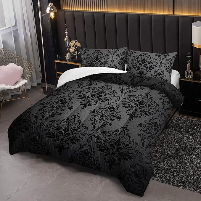 Black Gothic Floral Print Comforter Set Full Size,Vintage Damask Floral Bedding Set,Bohemian Exotic Printed Quilted Set for Teens Adult,with 1 Comforter and 2 Pillow Case