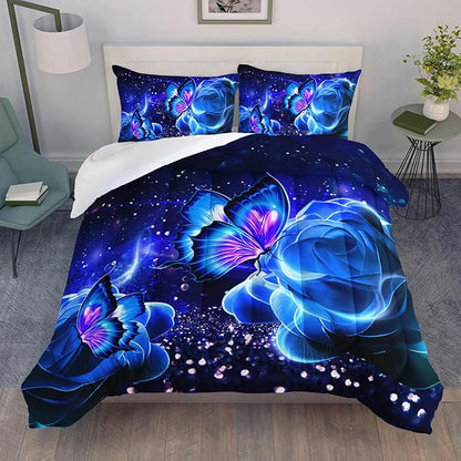 Galaxy Butterfly Comforter Set Queen Size for Girls Kids Adults Butterfly Rose Bedding Set Aesthetics Butterflies Quilt Bed Set with 1 Comforter and 2 Pillowcases