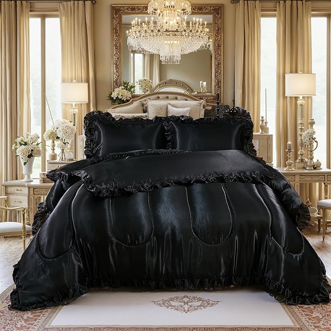 Satin Queen Comforter Set Silk Like Satin Bedding Set Hotel Soft Polyester Black Bed Set Luxury Silky Pillow Cover with Quilt Set Ruffle Down Comforter Home Decor