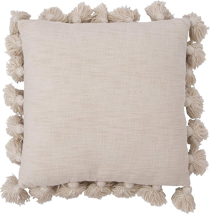 Creative Co-Op Woven Cotton Slub Pillow with Tassels, Cream