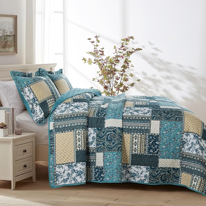 BEDIFANY Cotton California King Size Quilt Set, Lightweight Bedspread Oversized King Coverlet, Soft Farmhouse Quilt Bedding Sets for Bed Decorations for All Seasons (3 Pieces, Blue)