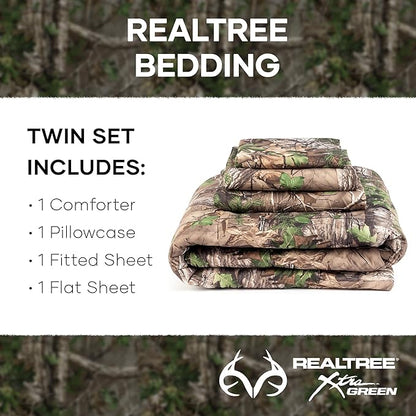 Northwest Realtree 4-Piece Twin Size Bed in a Bag Set, 1 Comforter, 1 Fitted Sheet, 1 Flat Sheet, 1 Pillowcase, All Seasons Bedding, Xtra Green Camo