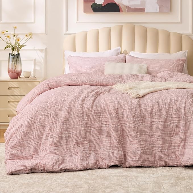 BEDELITE Blush Pink Queen Comforter Set - 3 Pieces Boho Tufted Jacquard Bedding Comforter Sets, Lightweight Soft & Warm Bed Comforter Queen with 2 Pillowcases for All Season