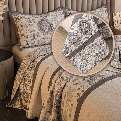 Nordic Style Twin Size Comforter Quilt Sets -2 Pieces Red Quilts 100% Cotton(1Quilt,1 Pillow Shams) with Reversible Bedspreads Bohemian Patchwork Bedding Set Sleep Companion(Grey)
