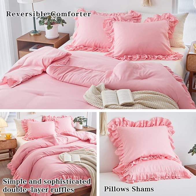 Pink Ruffled Comforter Set Twin Size, 3 Pieces (1 Ruffled Comforter and 2 Pillowcases) Farmhouse Shabby Chic Style with 2 Layers Ruffle, Solid Color Lightweight Soft Fluffy Bedding Sets for Girls