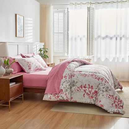 Pink Floral Comforter Sheet Set Bed in a Bag 7 Pieces King Pink Gray Flower Leaves Bedding Set (1 Comforter 2 Pillow Shams 1 Flat Sheet 1 Fitted Sheet 2 Pillowcases)