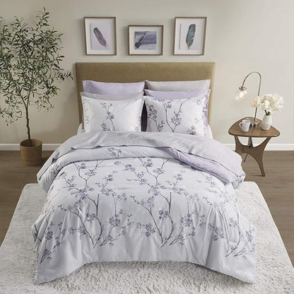 Comfort Spaces Bed in A Bag - Trendy Casual Design Cozy Comforter with Complete Sheet Set with Side Pocket, All Season Cover, Matching Shams King(104"x90"), Kate, Grey/Purple 9 Piece