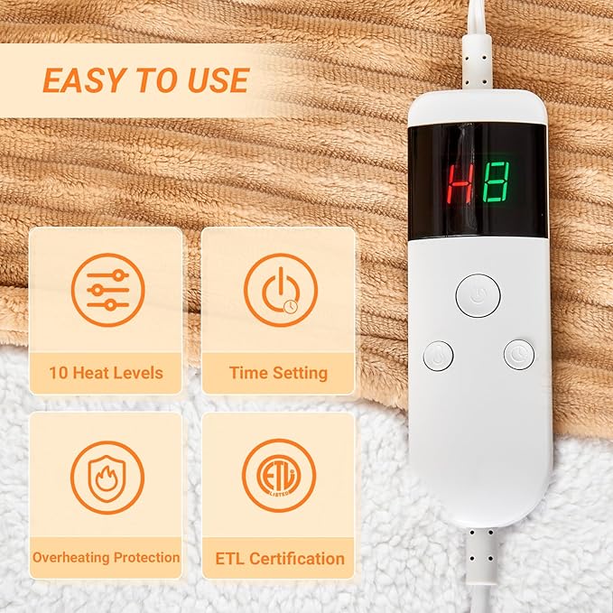 Heated Blanket Electric Queen, Soft Flannel Heating Blanket with 8 Hours Auto Off 10 Fast Heating Levels Machine Washable Sherpa Heated Blanket with Overheating Protection