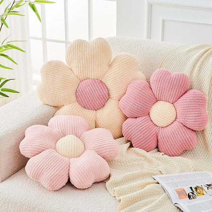 Flower Throw Pillow, Cute Flower Shaped Pillow Decorative Throw Pillow for Bed Couch, Soft Daisy Pillows Floor Seating Cushion Cushions (19.6 Inch Ivory+Pink)