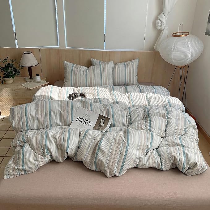 HighBuy Vintage Striped Comforter Set Queen Size - 3 Piece Blue Grey Stripes Pattern Bedding Set Fluffy Soft 100% Washed Cotton Comforter with 2 Pillowcases,Breathable,Striped Comforter Sets