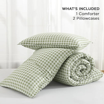 Andency Sage Gingham Comforter Set Queen(90x90Inch), Green Checkered Grid Plaid Buffalo Bed Set for Girls Boys Kids Teens, 3 Pieces Lightweight Microfiber Geometric Preppy Bedding