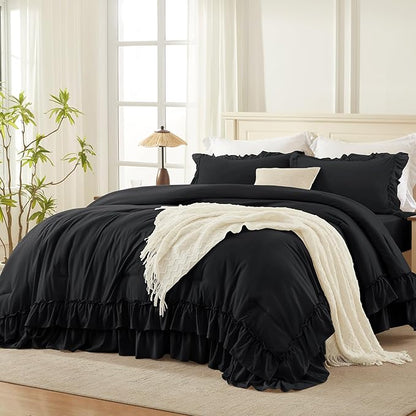 Andency Oversized King Ruffle Comforter Set, 3 Pieces Shabby Chic Farmhouse Bedding Set, Lightweight Soft Comforter Set 120x98 for Girls Women (1 Comforter 2 Pillowcases), Black