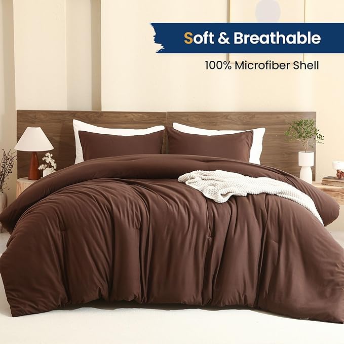 Paxrac Brown Super King Comforter Set 120x120In, 3 Pieces Oversized King Comforter Set, Lightweight Solid Bedding Set, All Seasons Soft Fluffy Bed Set (1 Comforter & 2 Pillowcases)