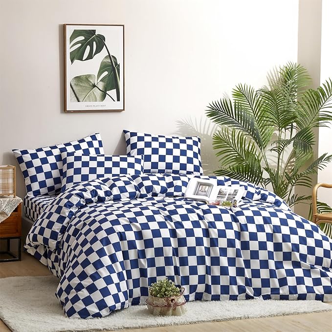 CLOTHKNOW Blue White Plaid Twin/Twin XL Comforter Set 3Pcs Grid Bedding Comforter Sets Royal Blue White Bed Comforter Blue Bedding Sets Soft