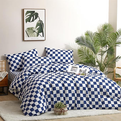 CLOTHKNOW Blue White Plaid Twin/Twin XL Comforter Set 3Pcs Grid Bedding Comforter Sets Royal Blue White Bed Comforter Blue Bedding Sets Soft