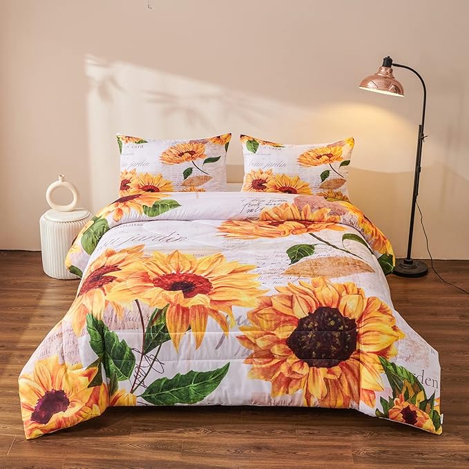 Sunflower Comforter Sets,Seamless Pattern with Hand Drawn Vibrant Yellow Watercolor Sunflowers on The Background,Decorative Bedding Comforter Sets with 2 Pillow Shams, Twin Size