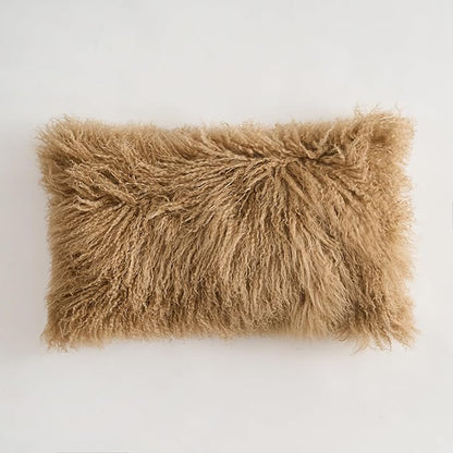 Genuine Mongolian Lamb Fur Pillow Cover – 12"x20" Rectangular Cushion Case – Soft Curly Wool Decorative Accent for Sofa, Bed, or Chair(Dark Beige)