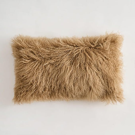 Genuine Mongolian Lamb Fur Pillow Cover – 12"x20" Rectangular Cushion Case – Soft Curly Wool Decorative Accent for Sofa, Bed, or Chair(Dark Beige)