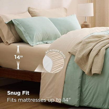 Bedsure Queen Comforter Set - 7 Pieces Sage Green Queen Bedding Set for All Seasons, Boho Contrasting Design Bed in a Bag with Comforter, Sheets, Pillowcases & Shams