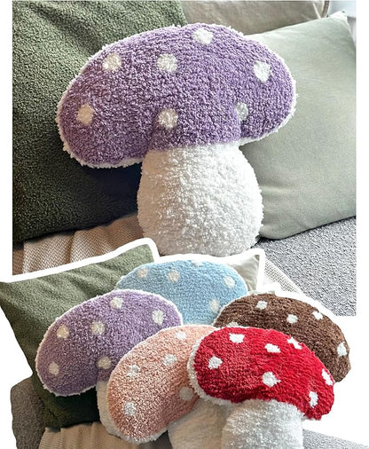 Mushroom Throw Pillow Tufted Decorative Cushion 15” x 15” – Decor for Bed, Couch, Living Room (Purple)