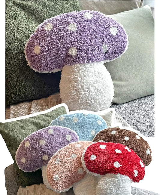 Mushroom Throw Pillow Tufted Decorative Cushion 15” x 15” – Decor for Bed, Couch, Living Room (Purple)