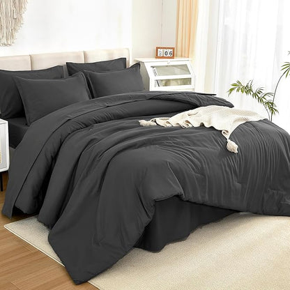 Litanika Oversized King Comforter Sets Dark Grey - 7 Pieces Bed in a Bag Oversized King Bedding Comforter Sets, Solid Lightweight Bed Set with Comforter, Sheets, Pillowcases & Shams