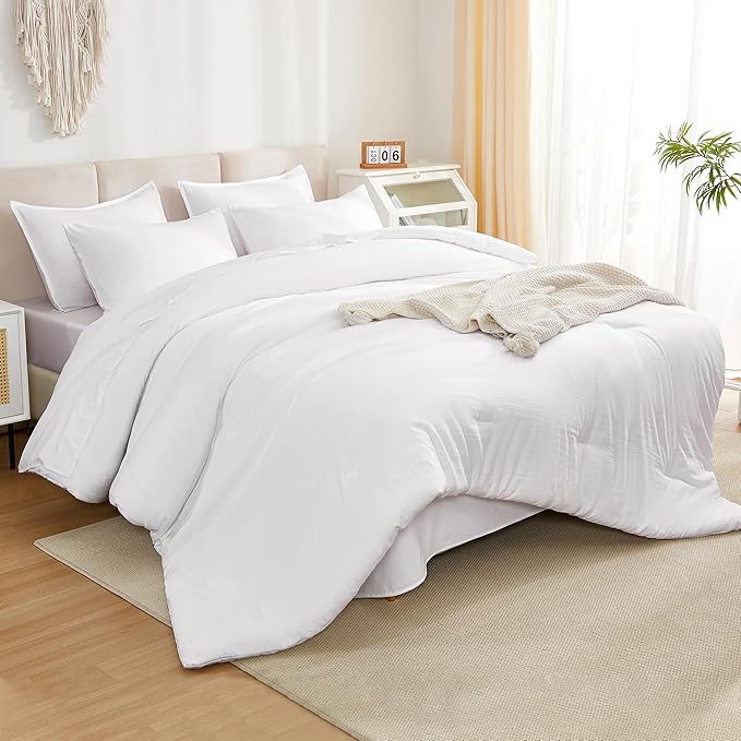 Litanika Comforter Queen Size Set White - 7 Pieces Bed in a Bag Queen Bedding Comforter Sets, Plain Lightweight Bed Set with Comforter, Sheets, Pillowcases & Shams