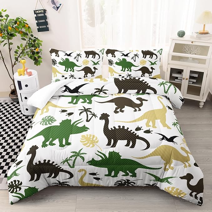 Cartoon Dinosaur Comforter Set Queen Size 3 PCS,Green Dinosaur Printed Quilt Set for Bedroom Soft Microfiber All Season Print Quilt Set with 1 Comforter and 2 Pillow Case