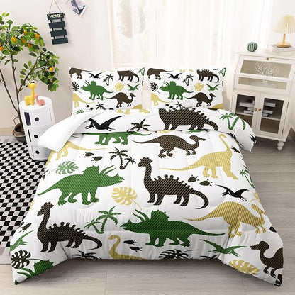 Cartoon Dinosaur Comforter Set Full Size 3 PCS,Green Dinosaur Printed Quilt Set for Bedroom Soft Microfiber All Season Print Quilt Set with 1 Comforter and 2 Pillow Case