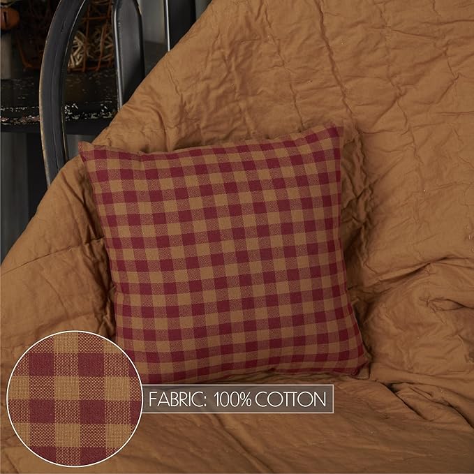 Burgundy Check Primitive 16"x16" Pillow Red Cotton Square Home Decor
