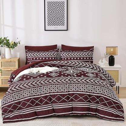 Yiran Burgundy King Comforter Set, 7 Piece Boho Striped Bedding Set, Geometric Aztec Bed in a Bag King, Soft Microfiber Bohemian Complete Bedding Set with Sheets for All Season