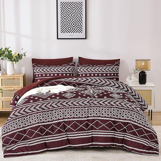 Yiran Burgundy Comforter Set Queen Size, 7 Piece Boho Striped Bedding Set, Geometric Aztec Bed in a Bag Queen, Soft Microfiber Bohemian Complete Bedding Set with Sheets for All Season